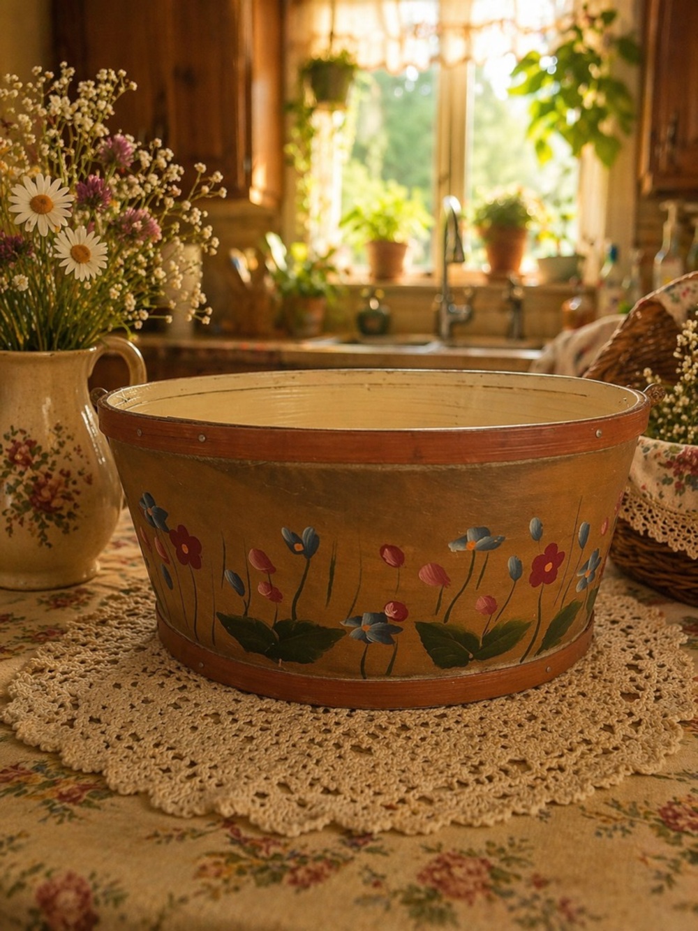 Hand-Painted Floral Wooden Bowl - Rustic Yellow